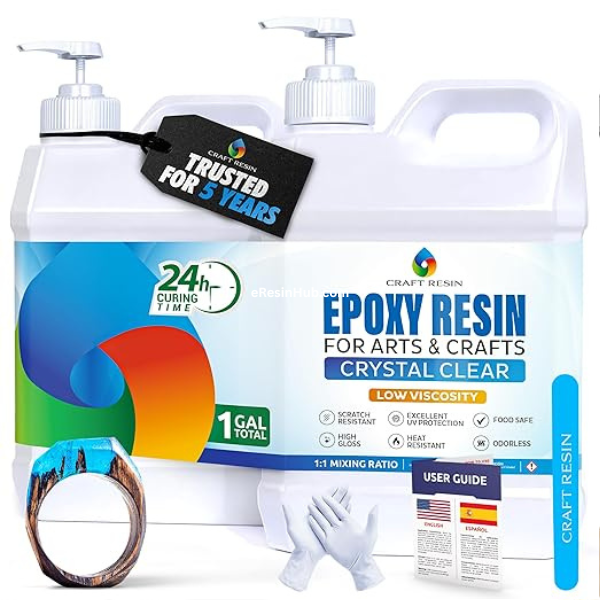 CRAFT RESIN 1 Gallon Crystal Clear Epoxy Resin Kit with Pumps – Food-Safe, UV-Resistant & Low-Viscosity Formula for Beginners and Professionals, Ideal for Art, Woodwork, Jewelry, Coasters & Mold Casting