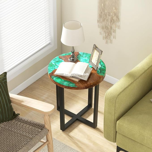 Giantex 20” Round Teak Wood Side Table – Handmade End Table with Epoxy Resin Top, Live Edge Design & Mahogany Base, Rustic Accent Table for Patio, Porch, Poolside, or Living Room, Brown